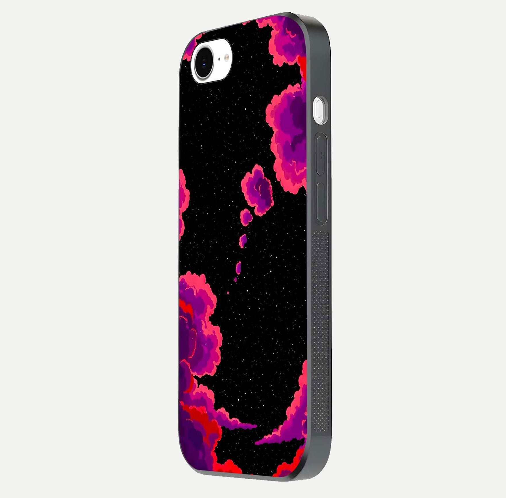 Galaxy Dream Frame Glass Case for iPhone 16e side-angle image showing reflection light and premium finish