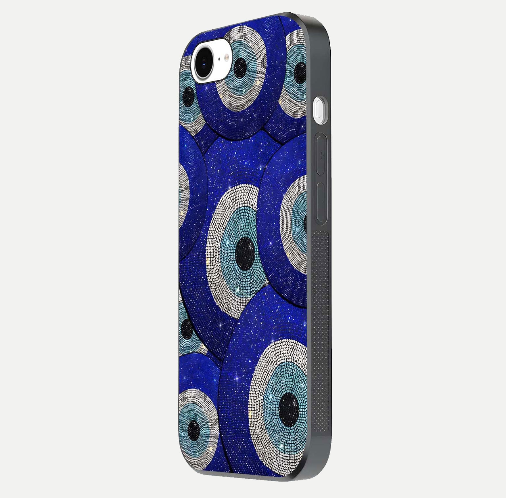 Galaxy Eye Flow Glass Case for iPhone 16e side-angle image showing reflection detail and premium shine