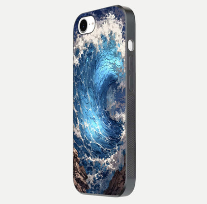Giant Ocean Wave Glass Case for iPhone 16e side-angle image showing light reflection and ocean detail