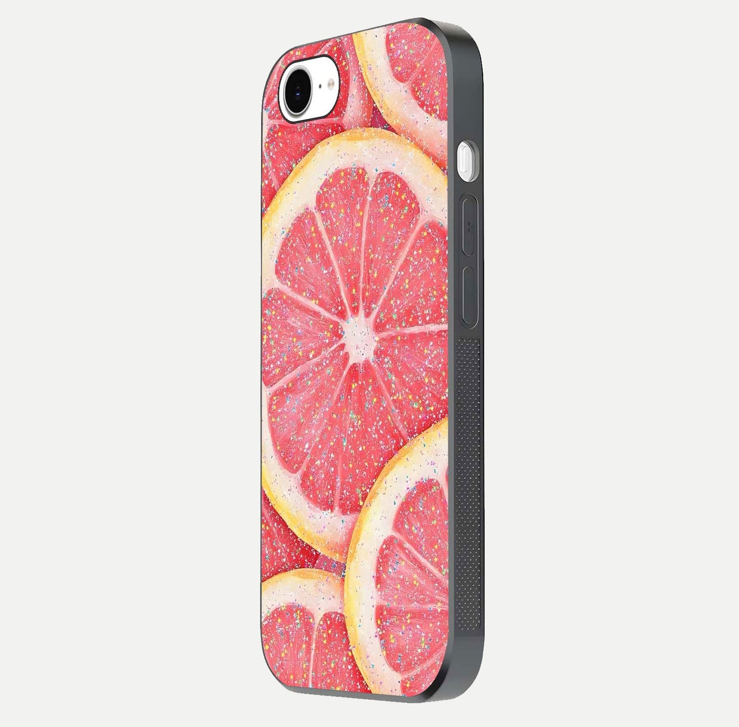 Glitter Grapefruit Glass Case for iPhone 16e side-angle image showing reflection glow and polished edges