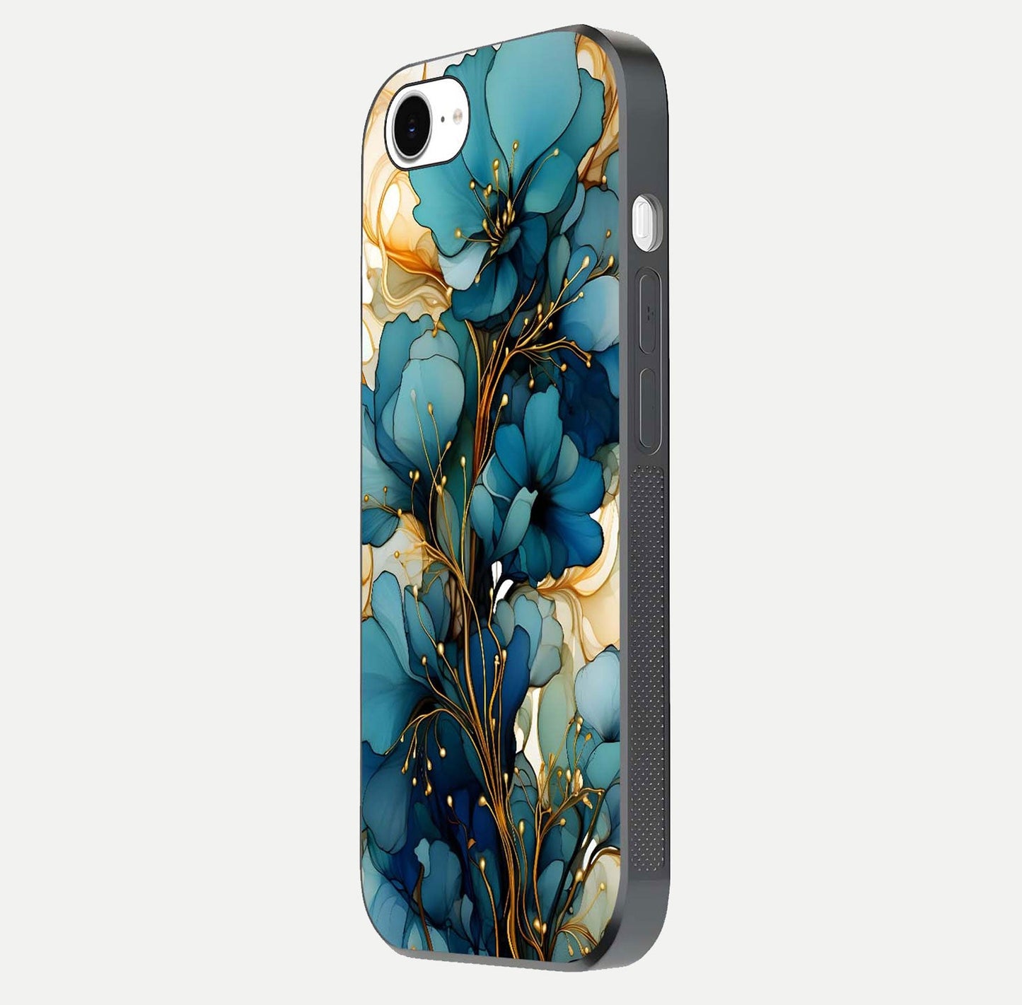 Golden Bloom Symphony Glass Case for iPhone 16e side-angle image showing golden glow, light reflection, and premium surface