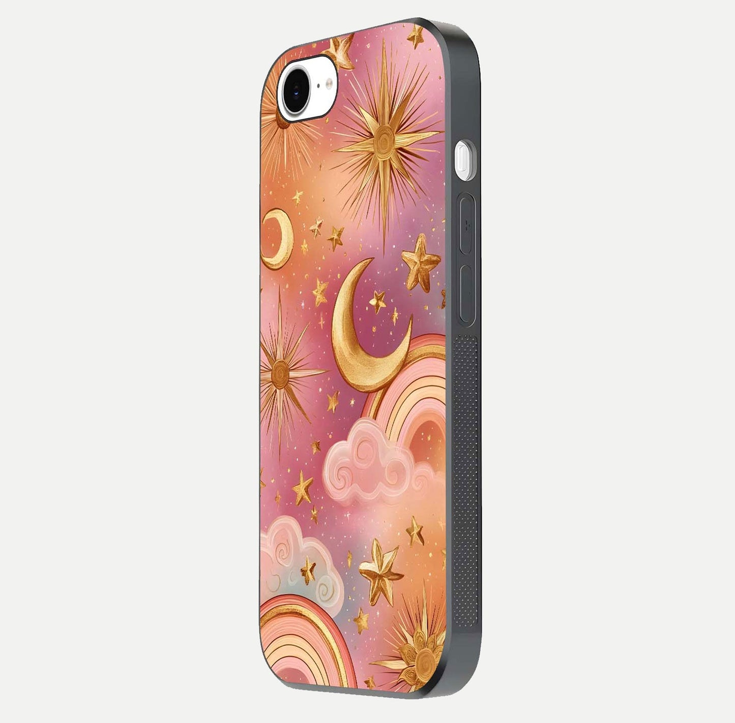 Golden Celestial Dreams Glass Case for iPhone 16e side-angle image capturing reflection brightness and starry detail