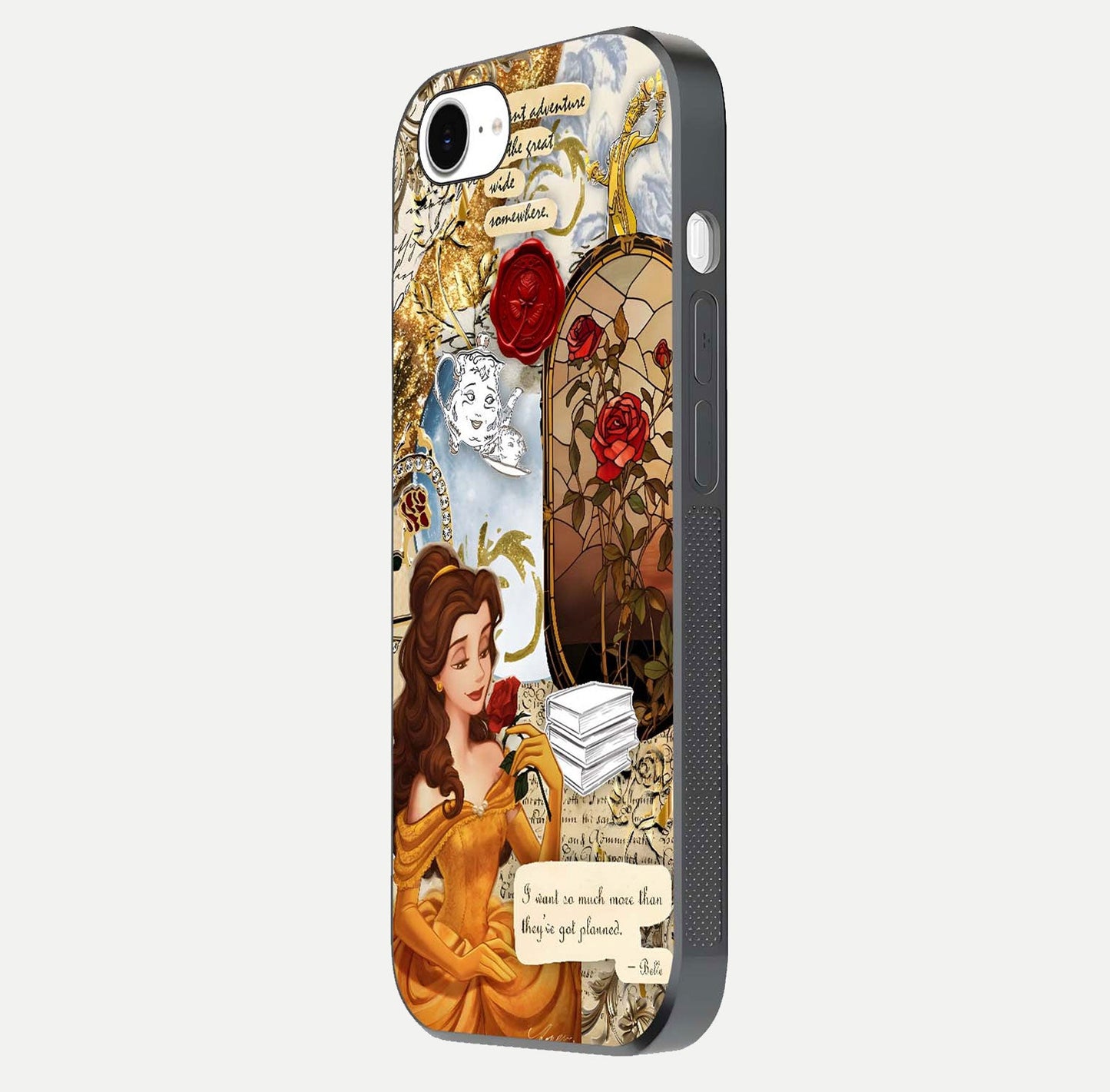 Golden Dream Belle Glass Case for iPhone 16e side-angle image showing reflective edges and premium golden tint