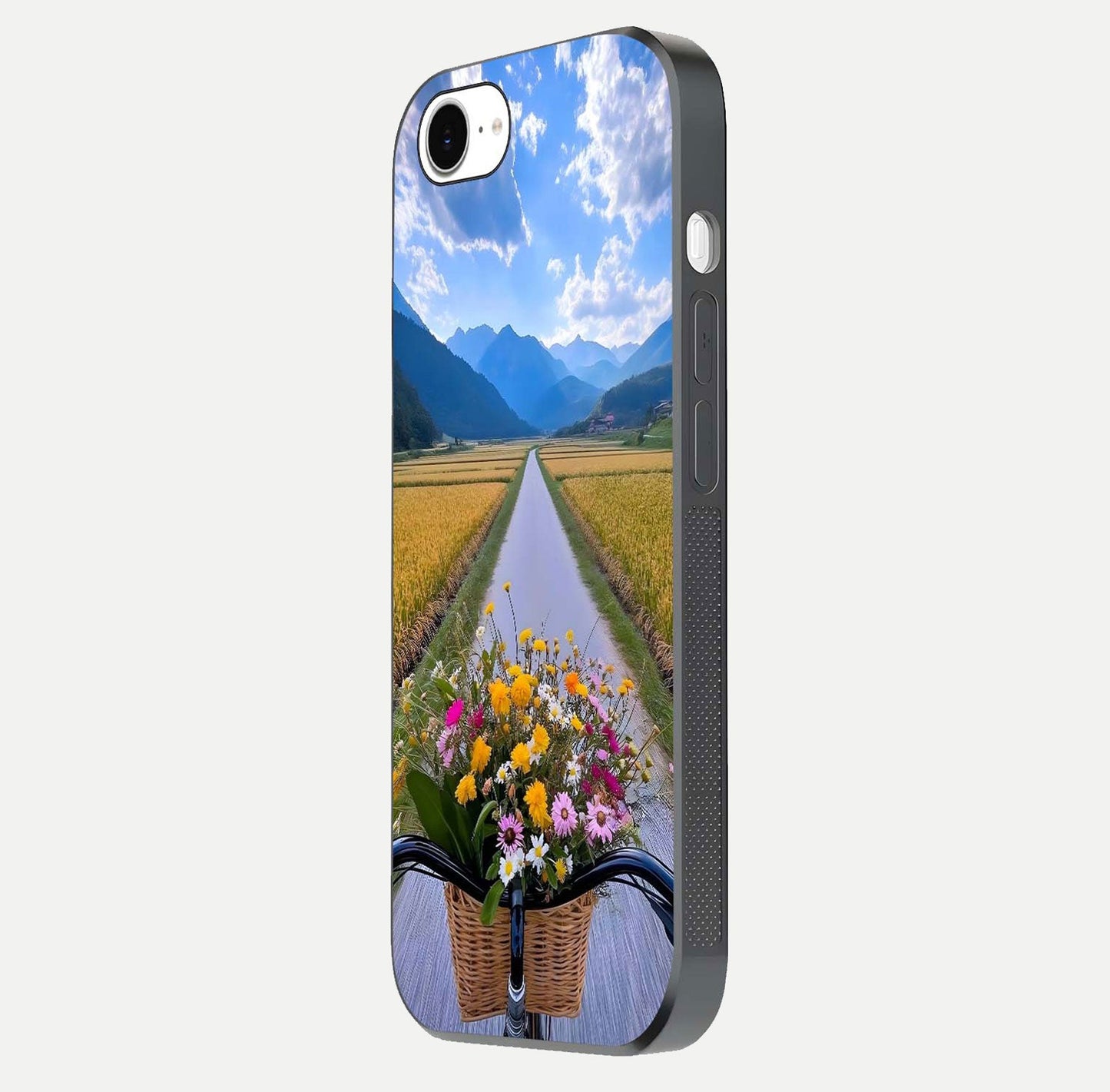 Golden Field Journey Glass Case for iPhone 16e side-angle image showing golden glow, reflection shine, and curved edge