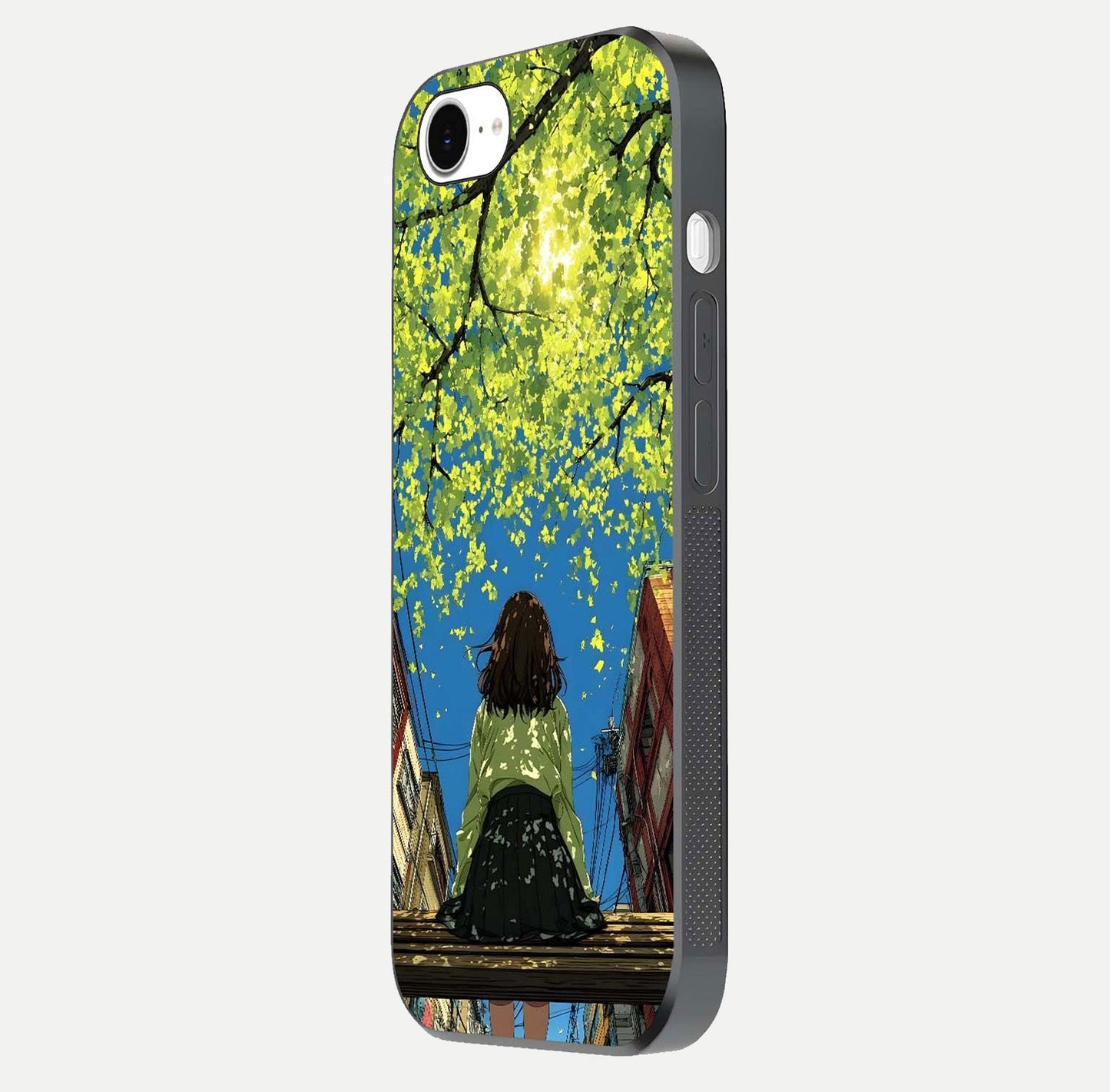 Golden Leaves Glow Glass Case for iPhone 16e side-angle image showing reflection polish and elegant pattern