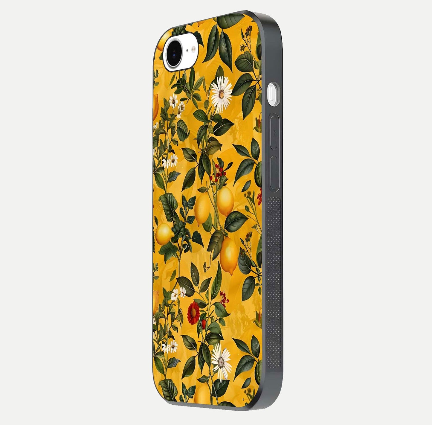 Golden Lemon Field Glass Case for iPhone 16e side-angle image showing reflection clarity and juicy color tone