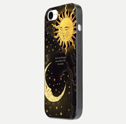 Golden Lunar Love Glass Case for iPhone 16e side-angle image showing reflection brilliance and smooth golden tone