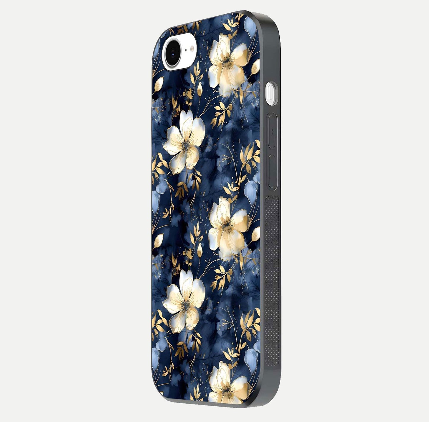 Golden Midnight Bloom Glass Case for iPhone 16e side-angle image showing shine depth and elegant edge design
