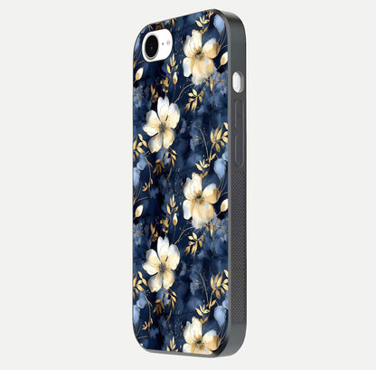Golden Midnight Bloom Glass Case for iPhone 16e side-angle image showing shine depth and elegant edge design