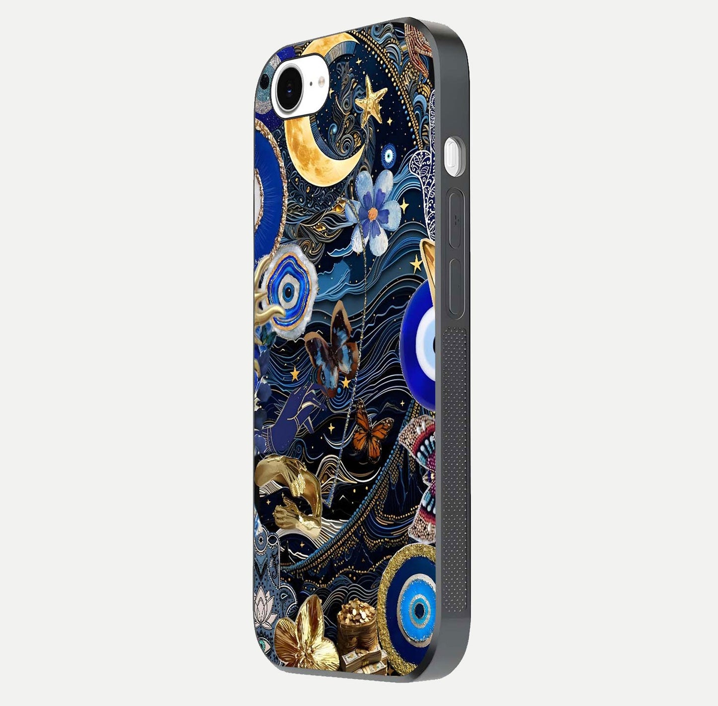Golden Moon Magic Glass Case for iPhone 16e side-angle image showing reflection glow, curved polish, and moon detail