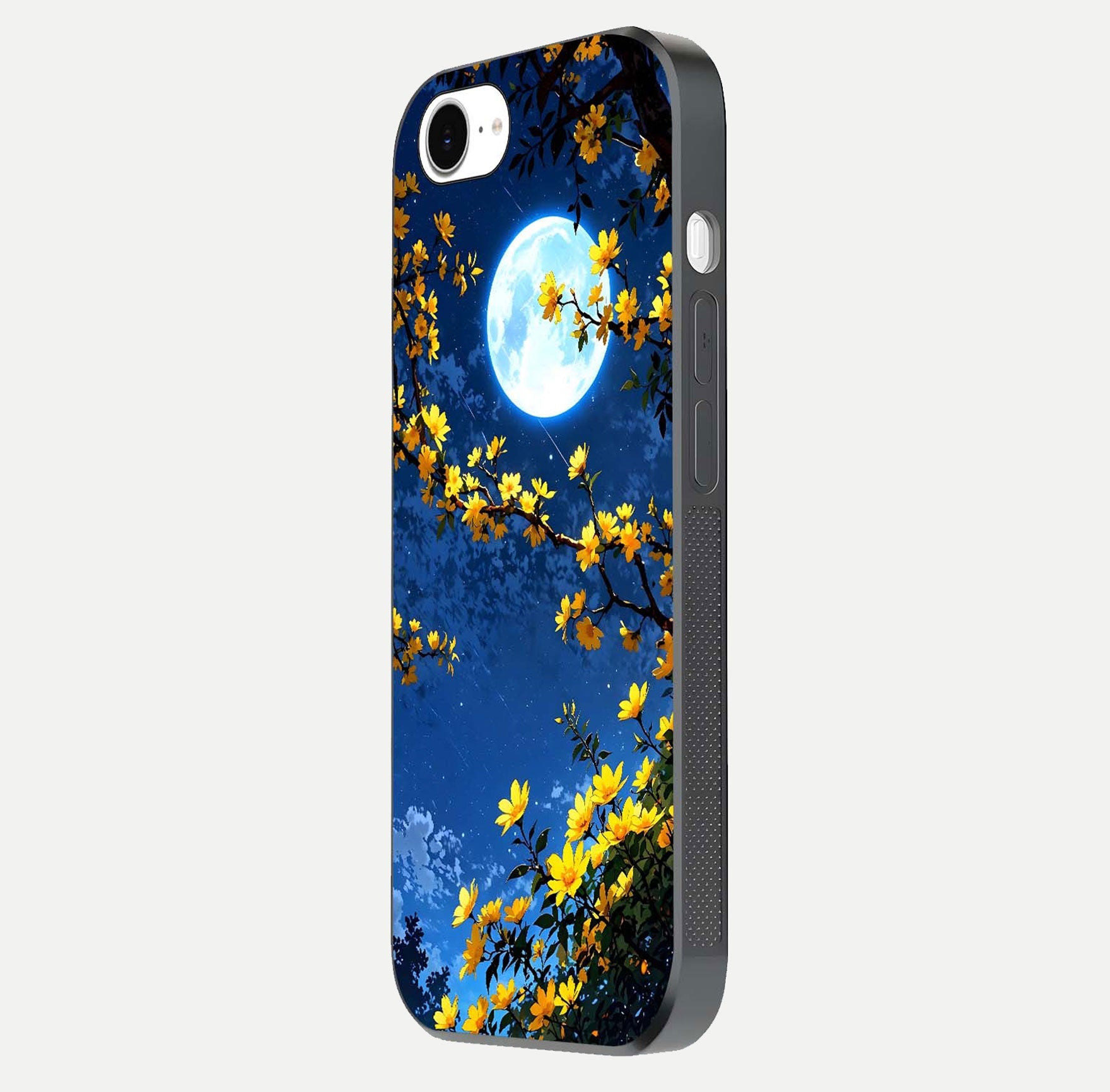 Golden Night Glow Glass Case for iPhone 16e side-angle image showing reflection clarity and elegant golden tone
