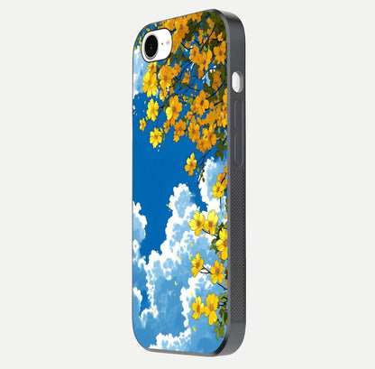 Golden Petal Sky Glass Case for iPhone 16e side-angle image showing reflection depth and metallic floral tones