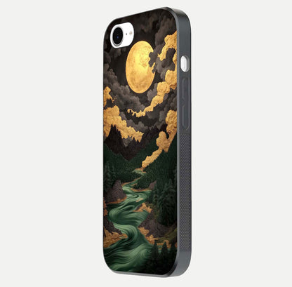 Golden River Moon Glass Case for iPhone 16e side-angle image showing reflection clarity and detailed nightscape