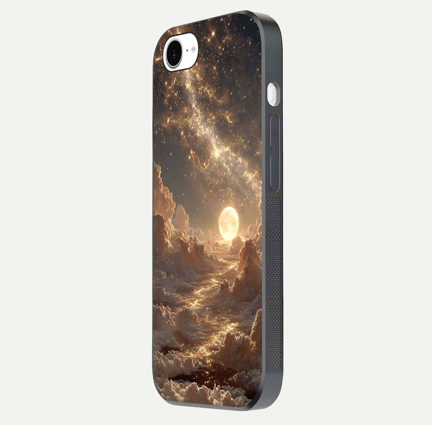 Golden Sky Dream Glass Case for iPhone 16e side-angle image showing reflection shine and smooth surface