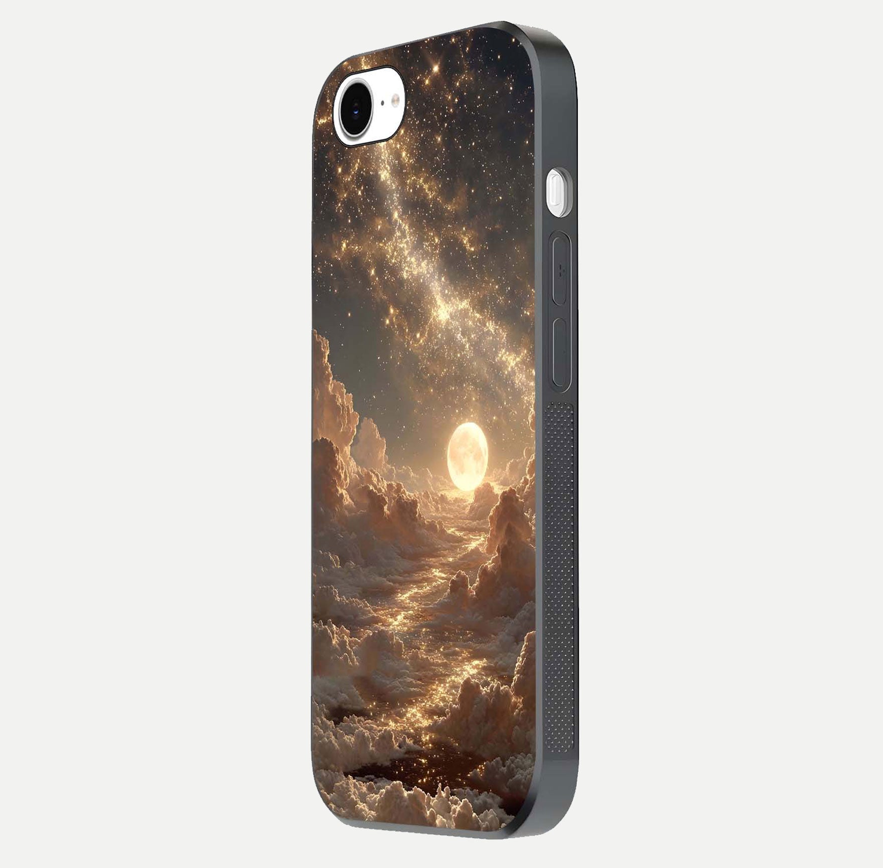 Golden Sky Dream Glass Case for iPhone 16e side-angle image showing reflection shine and smooth surface