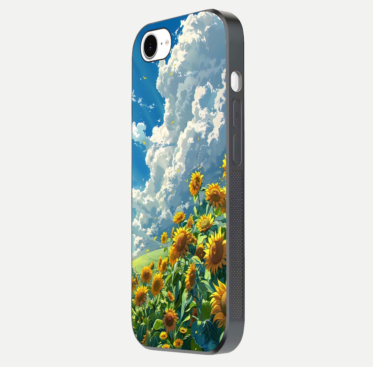 Golden Sun Glory Glass Case for iPhone 16e side-angle image showing reflection glow and luminous texture