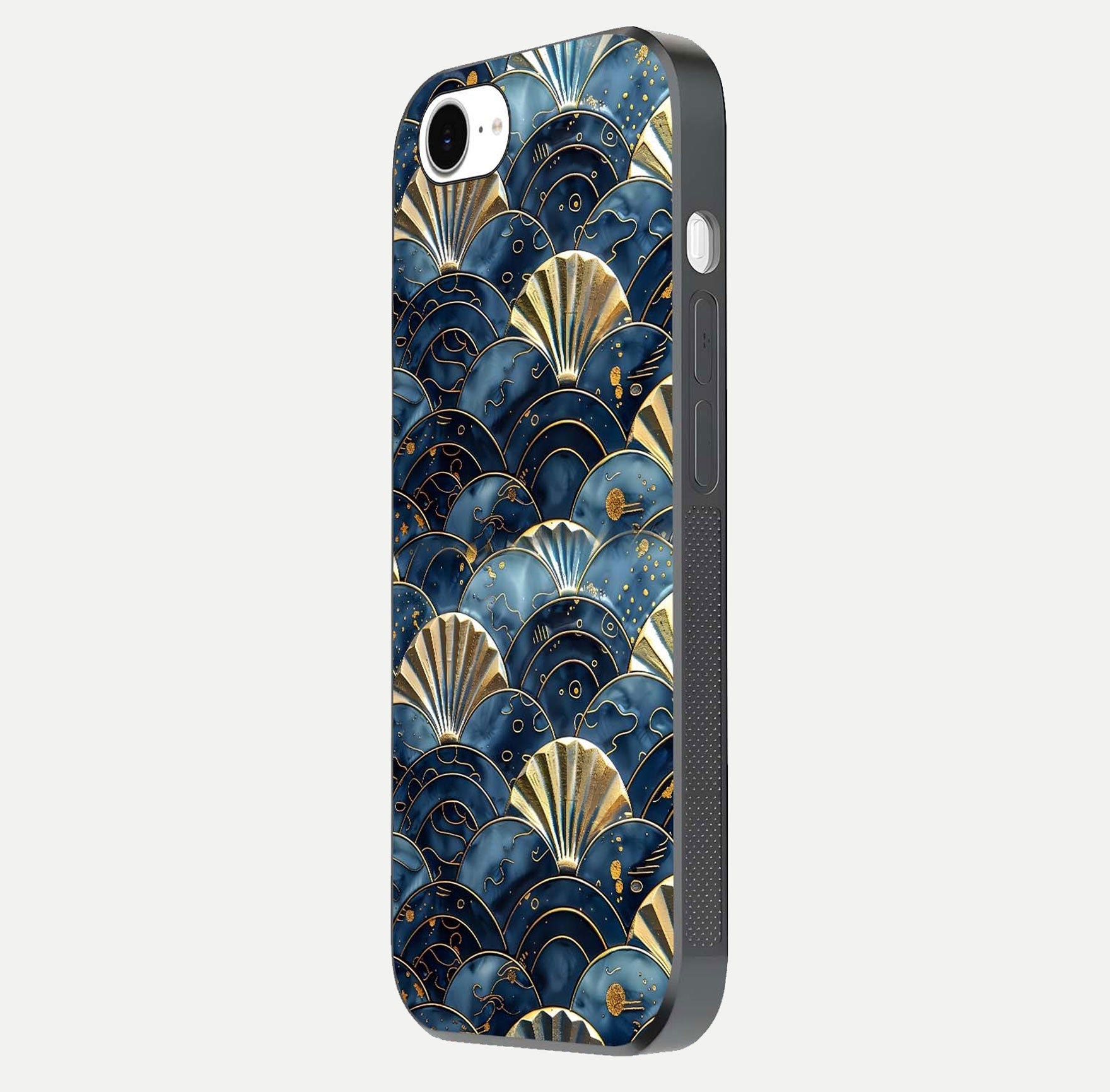 Golden Wave Luxe Glass Case for iPhone 16e side-angle image showing reflection clarity and polished finish