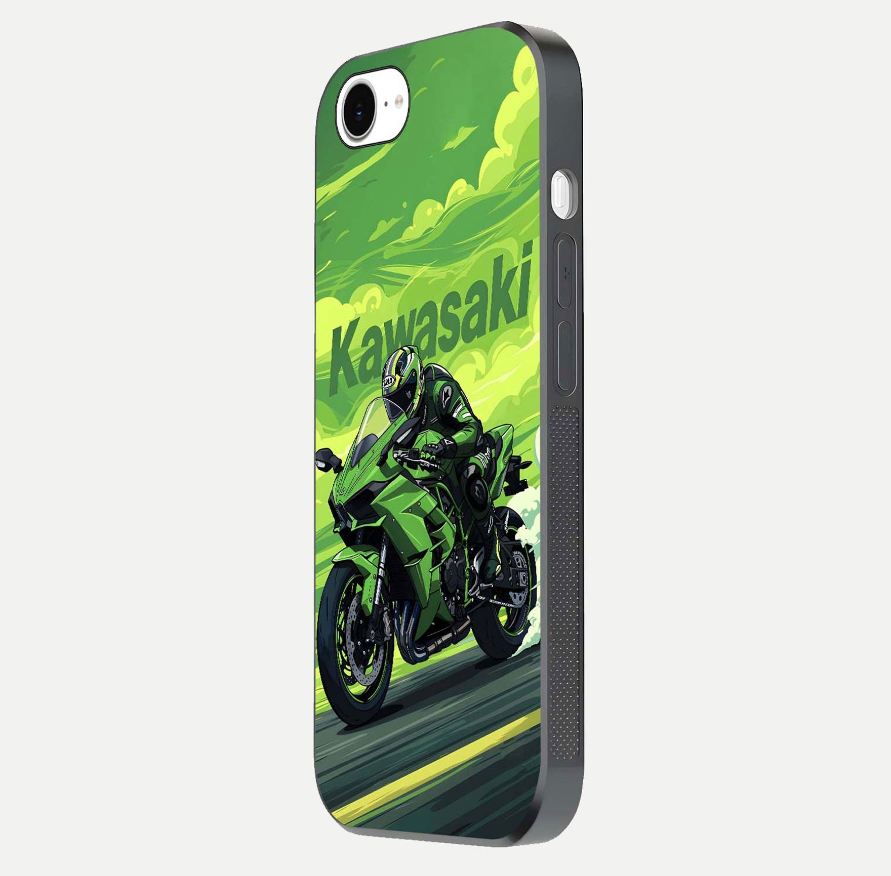 Green Kawasaki Glass Case for iPhone 16e side-angle image showing reflection depth and metallic green accent