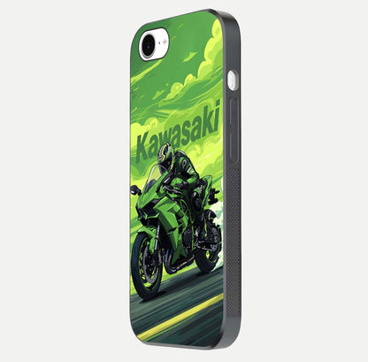 Green Kawasaki Glass Case for iPhone 16e side-angle image showing reflection depth and metallic green accent