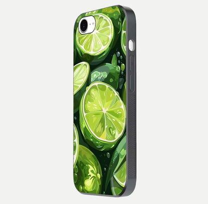 Green Lemon Glass Case for iPhone 16e side-angle image showing reflection glow and juicy color tones
