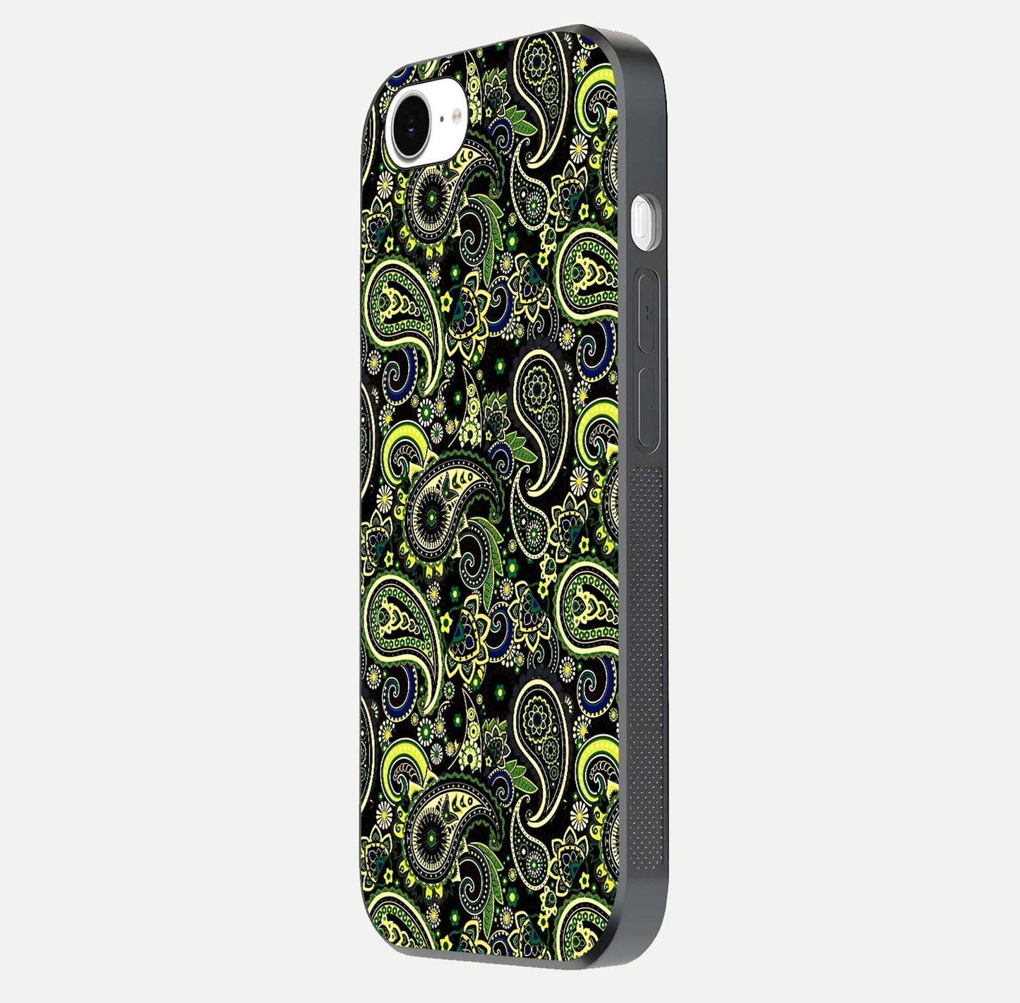 Green Mandala Pattern Glass Case for iPhone 16e side-angle image showing reflection clarity and detailed pattern lines