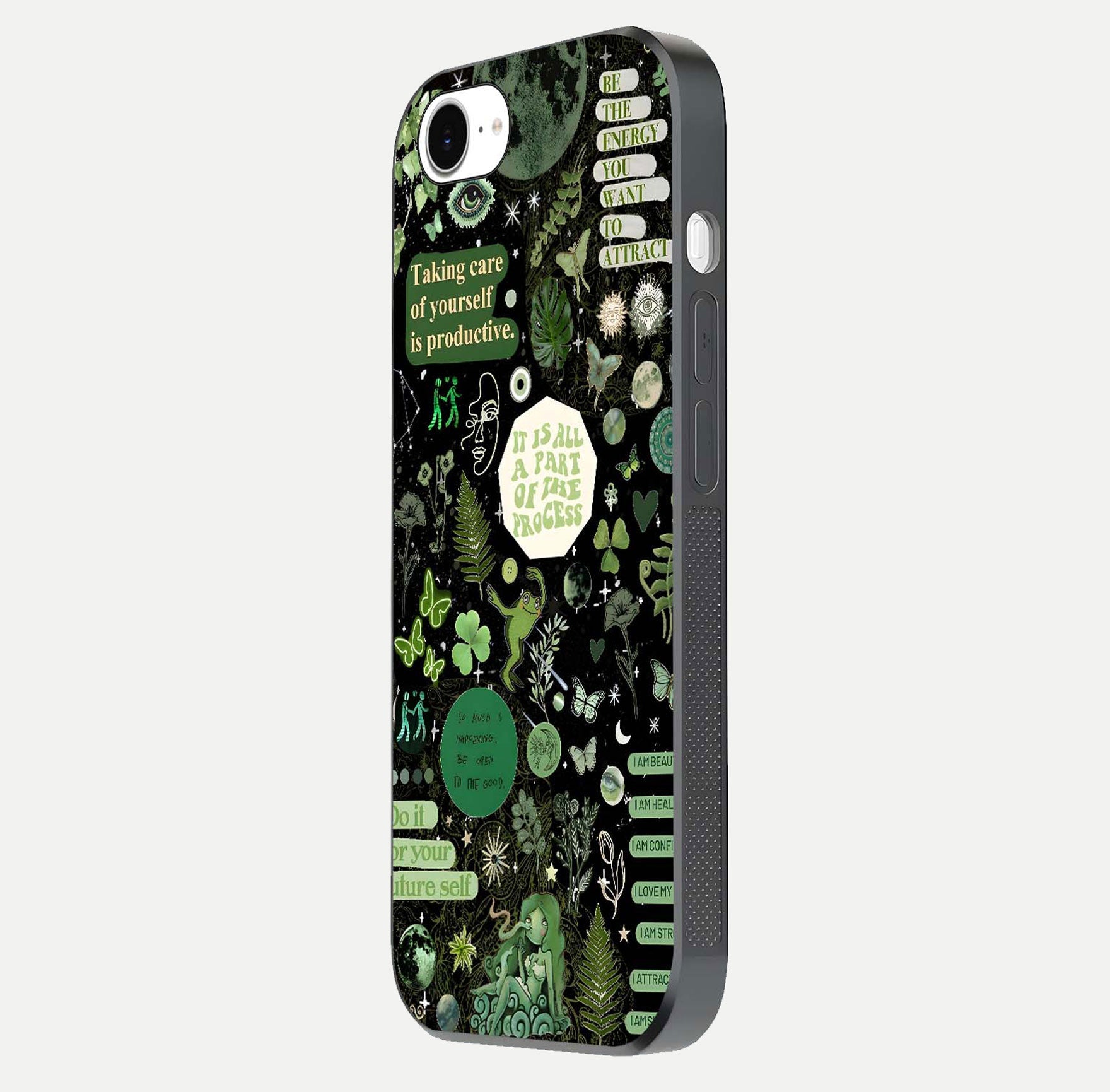 Green Moon Energy Glass Case for iPhone 16e side-angle image showing reflection brilliance and curved finish