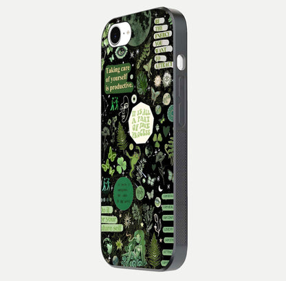 Green Moon Energy Glass Case for iPhone 16e side-angle image showing reflection brilliance and curved finish