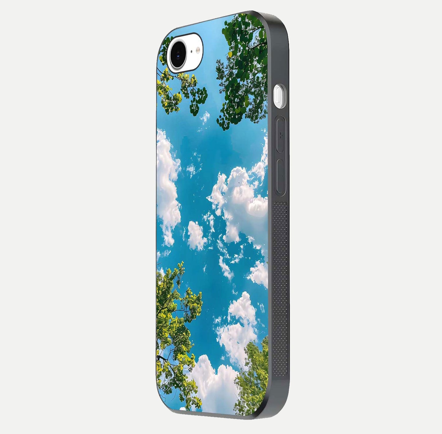 Greenery Sky Glass Case for iPhone 16e side-angle image showing reflection glow and nature-themed pattern