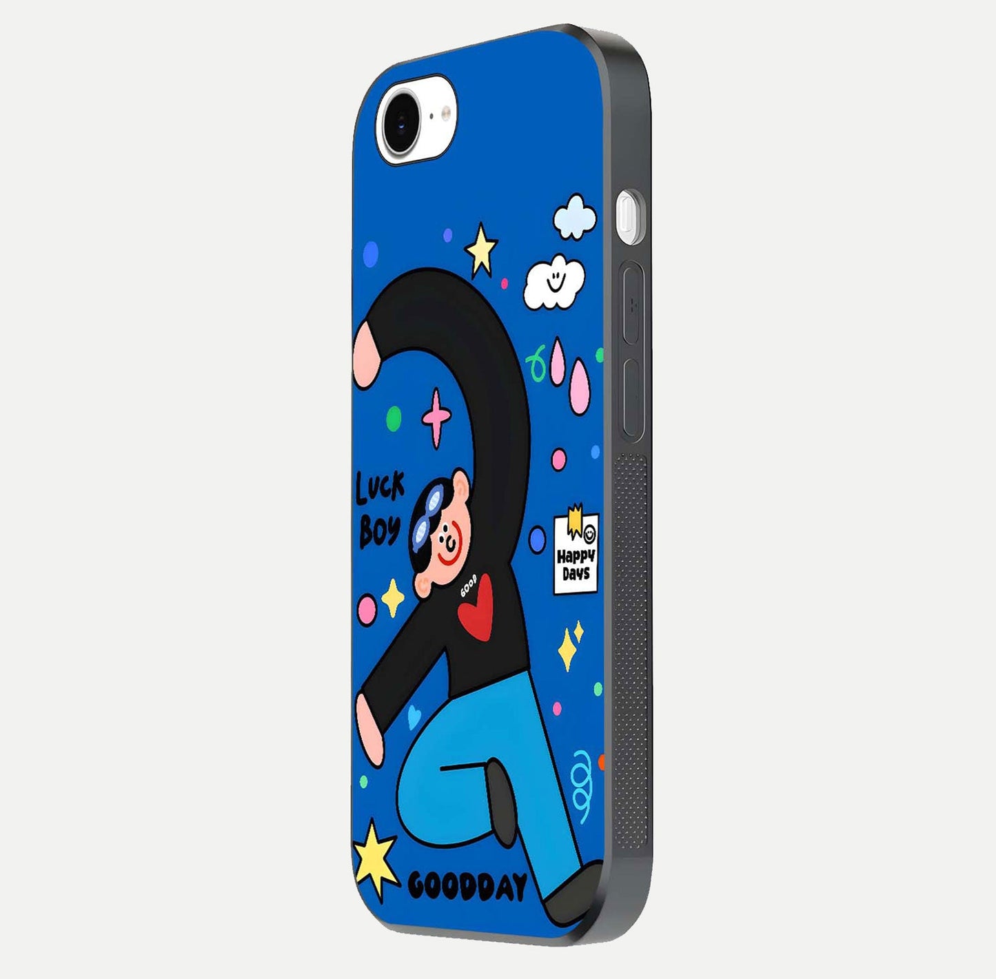 Happy Luck Vibe Glass Case for iPhone 16e side-angle image showing reflection polish and vivid charm design