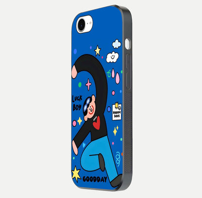 Happy Luck Vibe Glass Case for iPhone 16e side-angle image showing reflection polish and vivid charm design