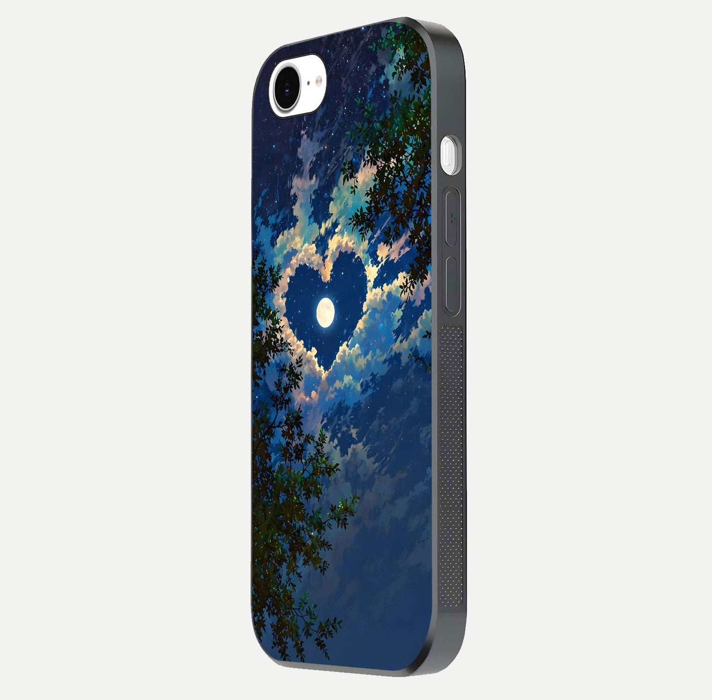 Heart with Moon Sky Glass Case for iPhone 16e side-angle image showing reflection brightness and soft tone finish