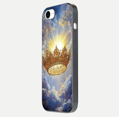 Heavenly Crown Light Glass Case for iPhone 16e side-angle image showing reflection brilliance and elegant divine art
