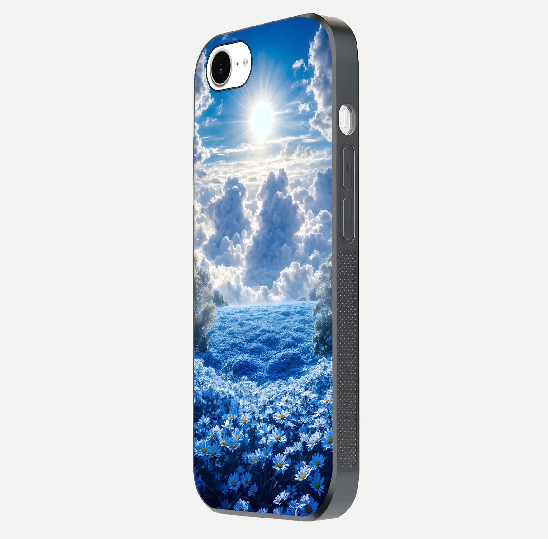 Heavenly Daisy Horizon Glass Case for iPhone 16e side-angle image showing reflection depth and floral glow