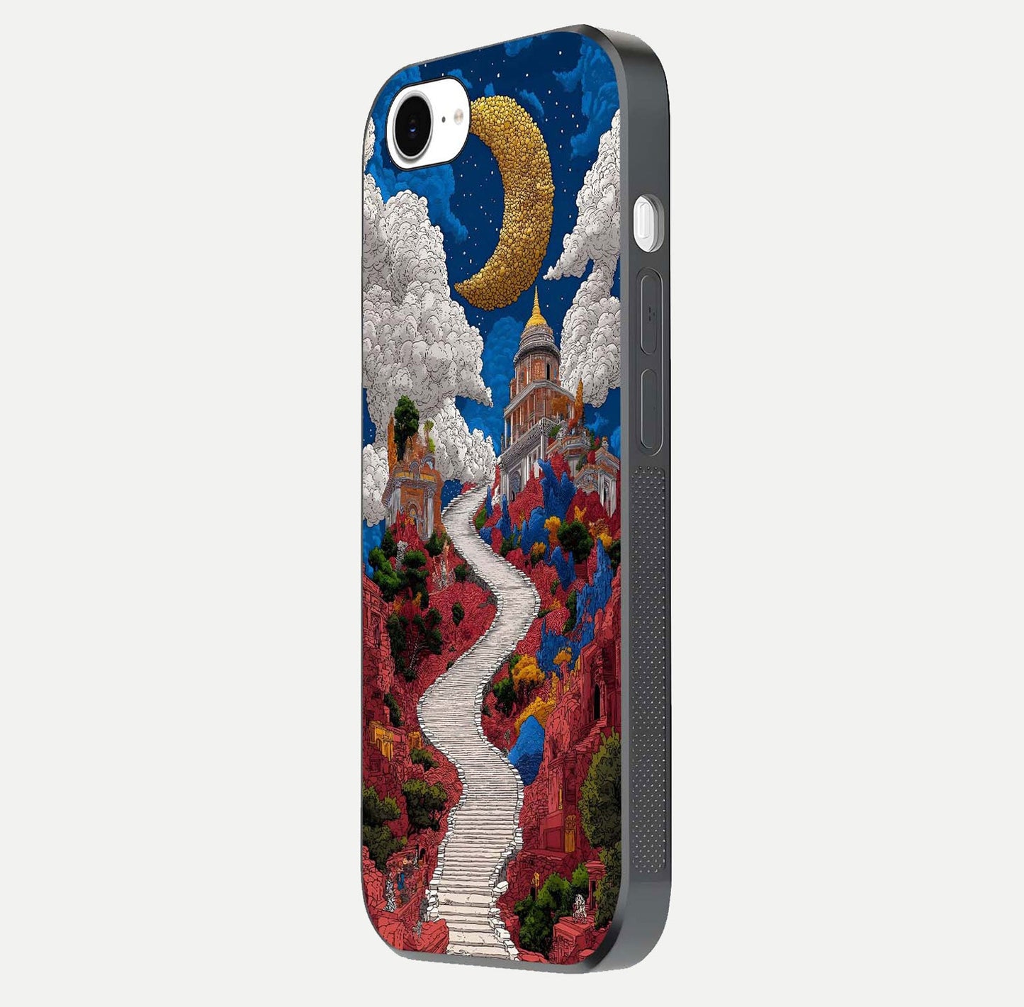 Heavenly Moon Path Glass Case for iPhone 16e side-angle image showing reflection clarity and serene moon glow