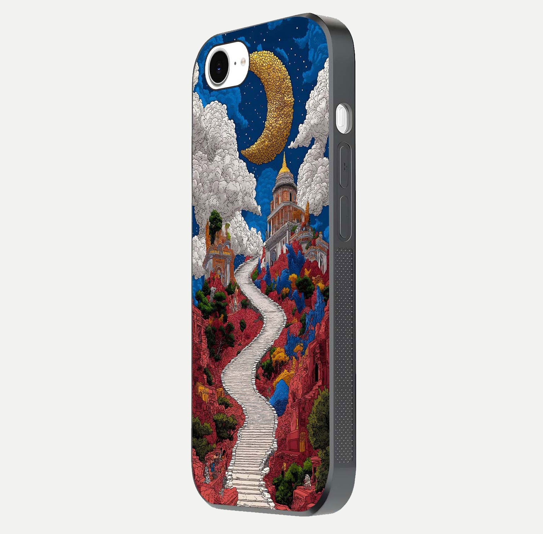 Heavenly Moon Path Glass Case for iPhone 16e side-angle image showing reflection clarity and serene moon glow