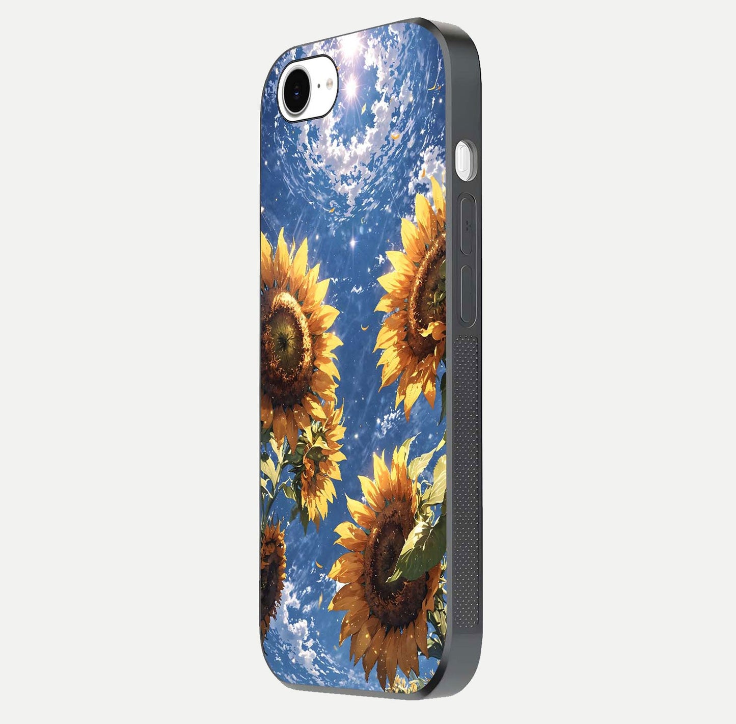 Heavenly Sunflower Rise Glass Case for iPhone 16e side-angle image showing reflection glow and soft yellow tone