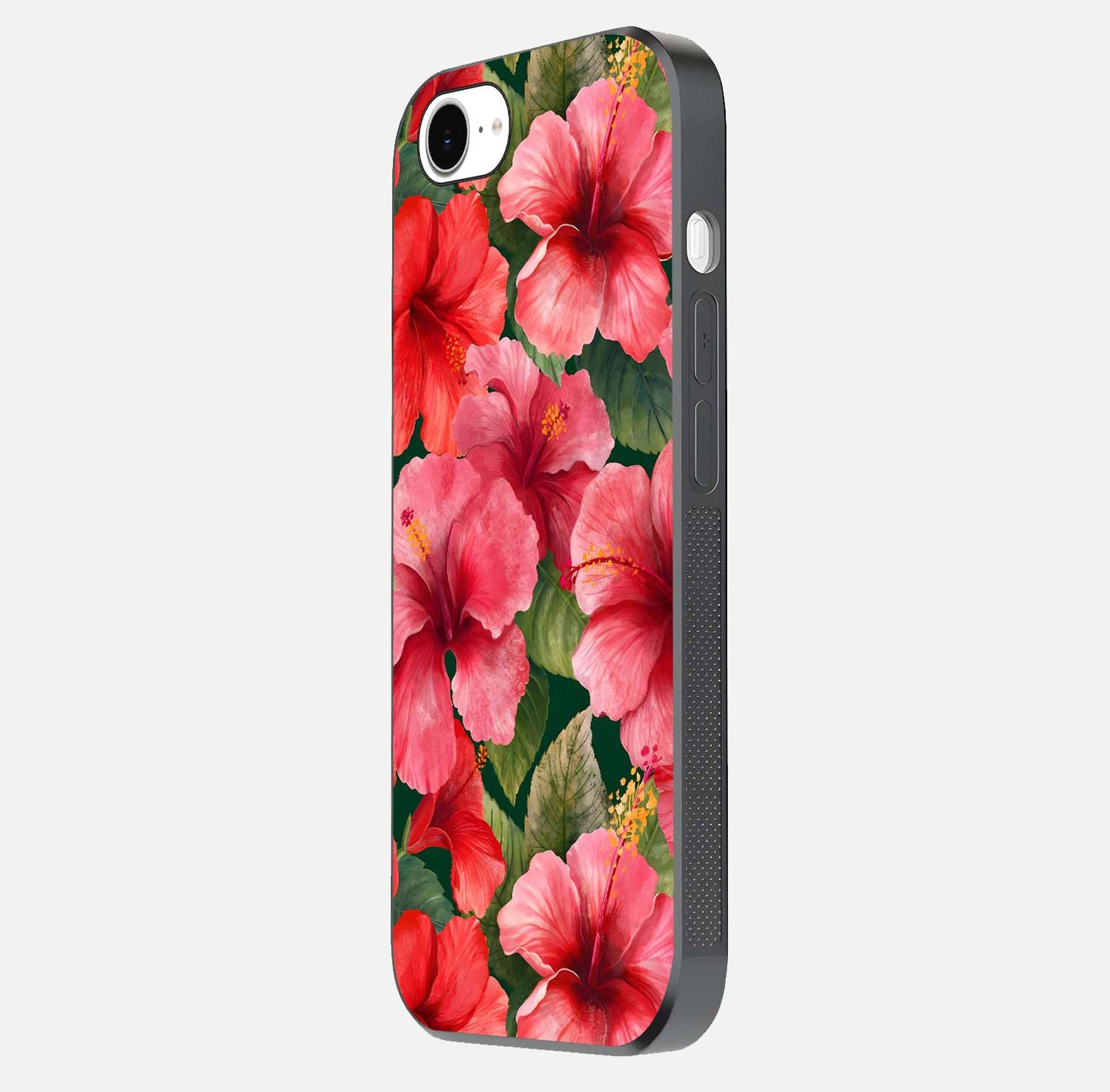 Hibiscus Pattern Glass Case for iPhone 16e side-angle image showing reflection brightness and floral detailing