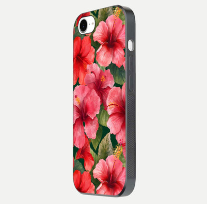 Hibiscus Pattern Glass Case for iPhone 16e side-angle image showing reflection brightness and floral detailing