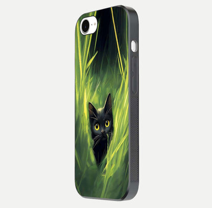 Hidden Cat Whisper Glass Case for iPhone 16e side-angle image showing reflection glow and subtle artistic texture