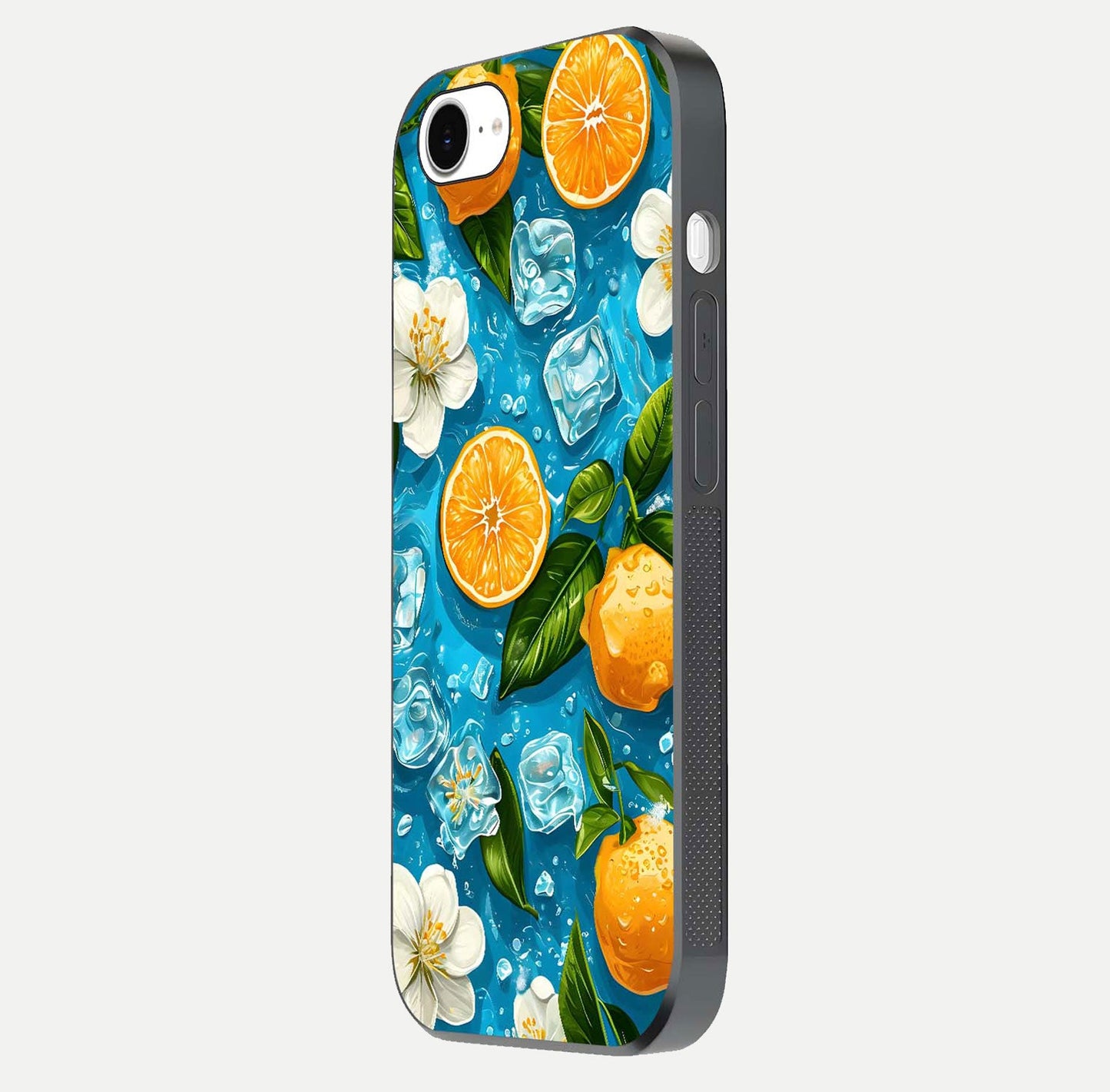 Ice Cube With Orange Glass Case for iPhone 16e side-angle image showing reflection brightness and juicy pattern detail