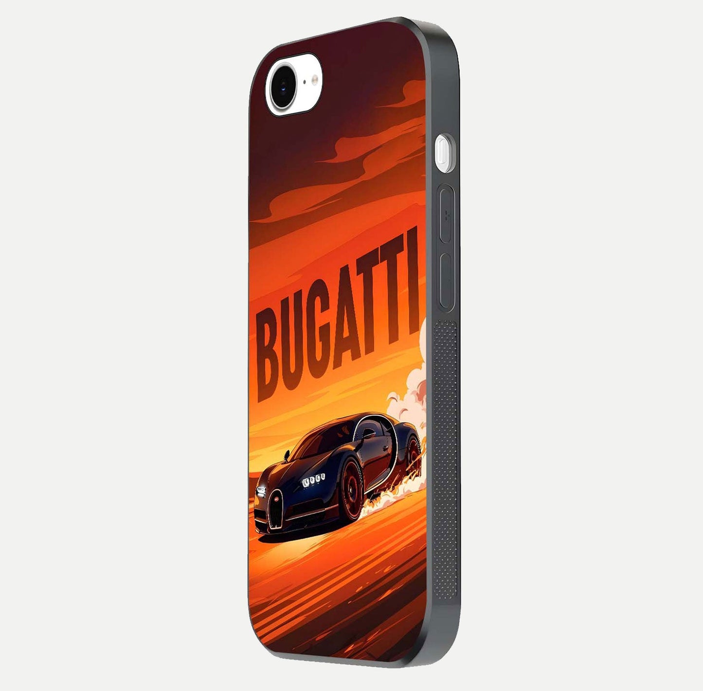 Inferno Bugatti Storm Glass Case for iPhone 16e side-angle image showing reflection glow and vibrant red tones