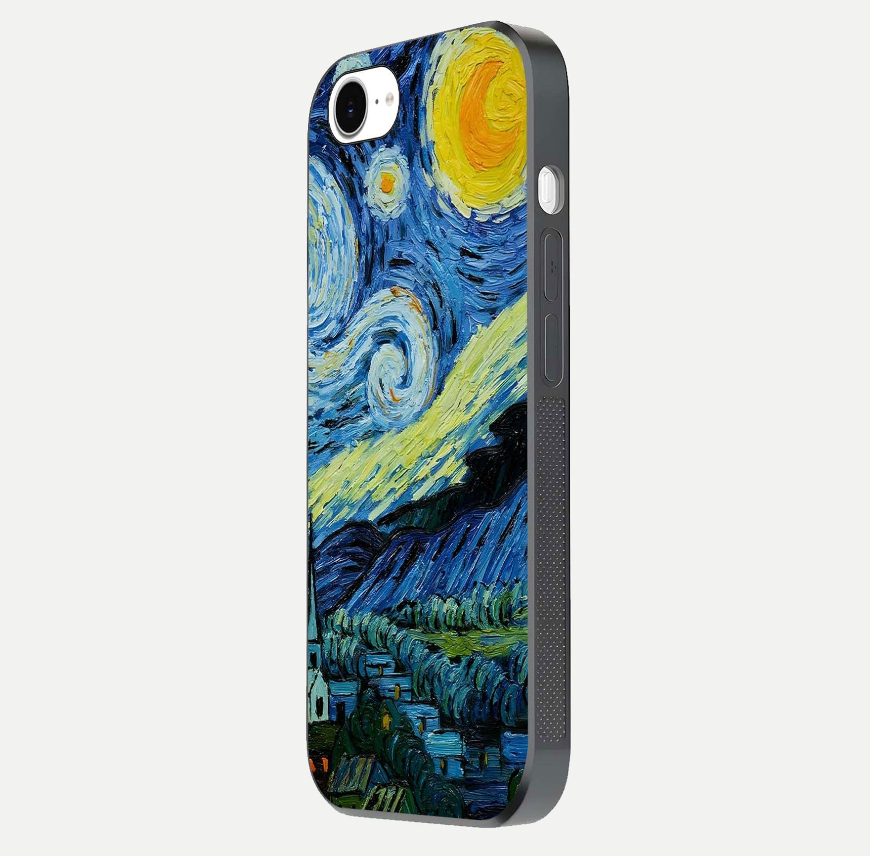 Inspired Van Gogh Art Glass Case for iPhone 16e side-angle image showing reflection brilliance and painted surface look