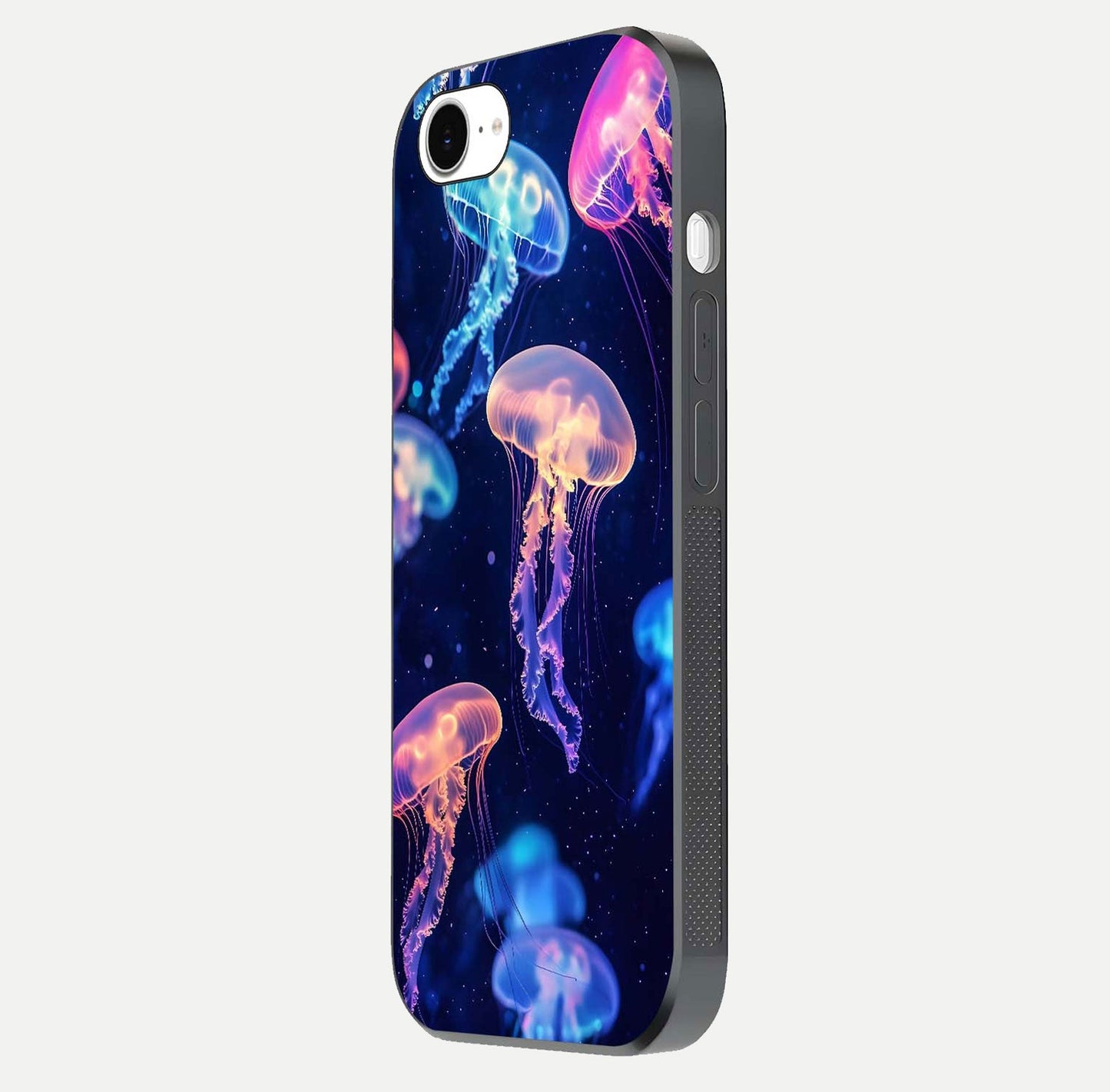 Jellyfish Pattern Glass Case for iPhone 16e side-angle image showing reflection glow and soft water-blue gradient