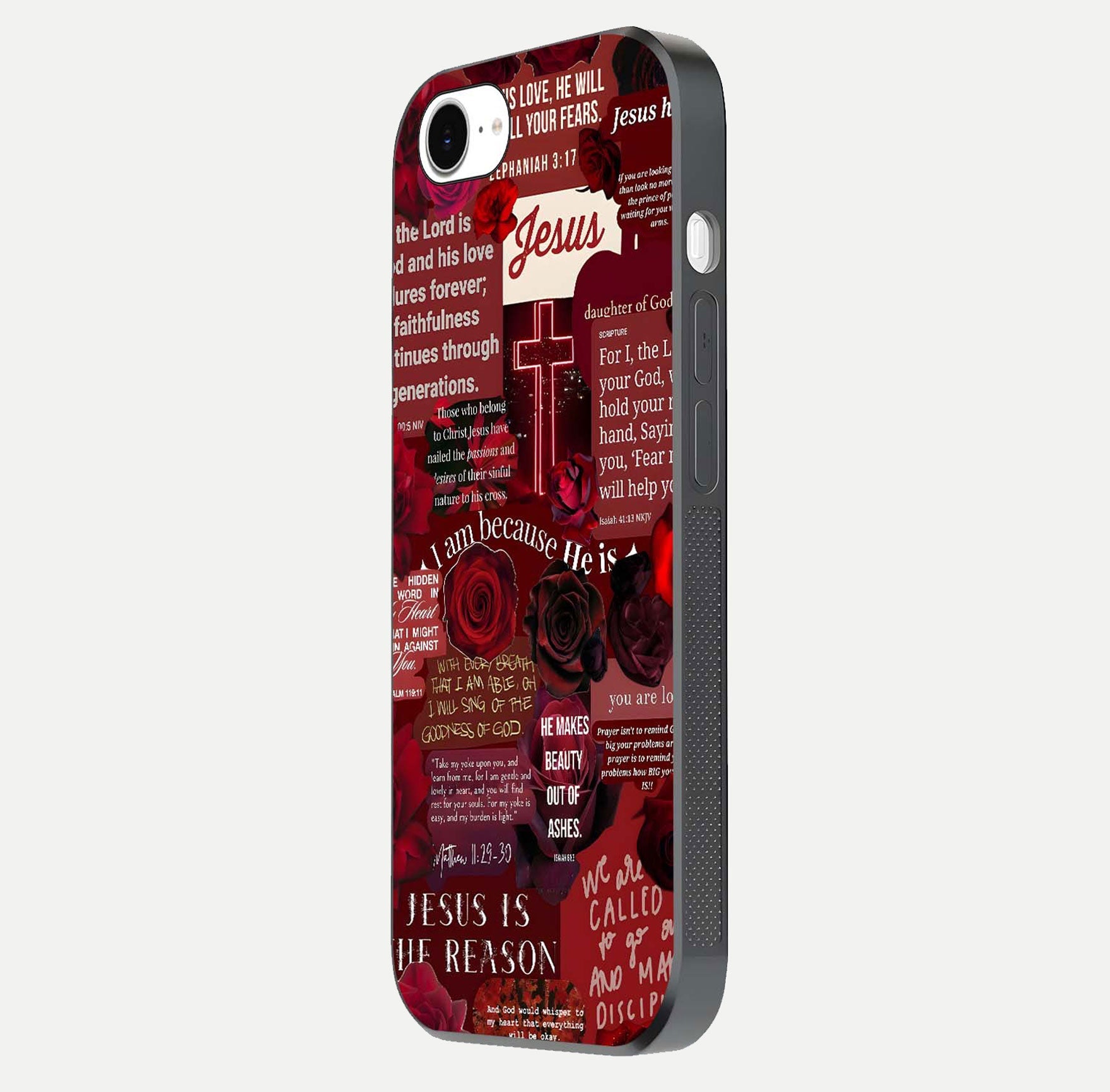 Jesus Love Heals Glass Case for iPhone 16e side-angle image highlighting gloss depth and spiritual aura