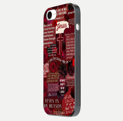 Jesus Love Heals Glass Case for iPhone 16e side-angle image highlighting gloss depth and spiritual aura