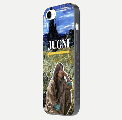 Jugni Soul Vibes Glass Case for iPhone 16e side-angle image with stylish typography and HD finish