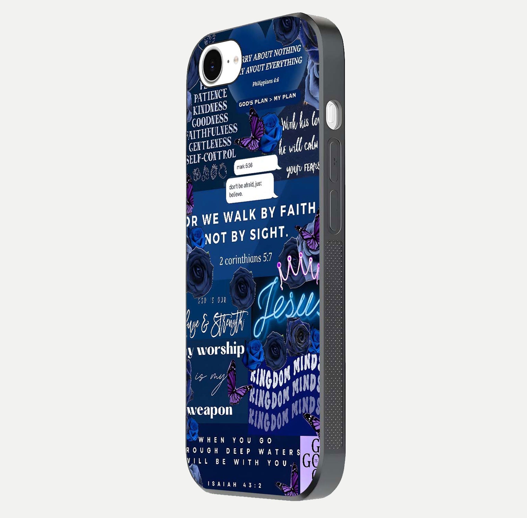 Kingdom Faith Glow Glass Case for iPhone 16e side-angle image with reflective cross and faith glow