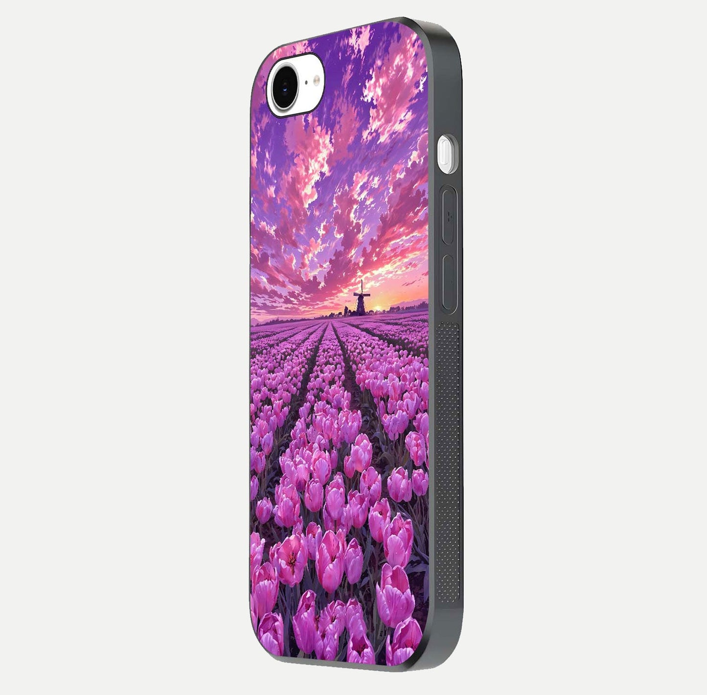 Lavender Dream Skies Glass Case for iPhone 16e side-angle image showing reflection depth and serene tones