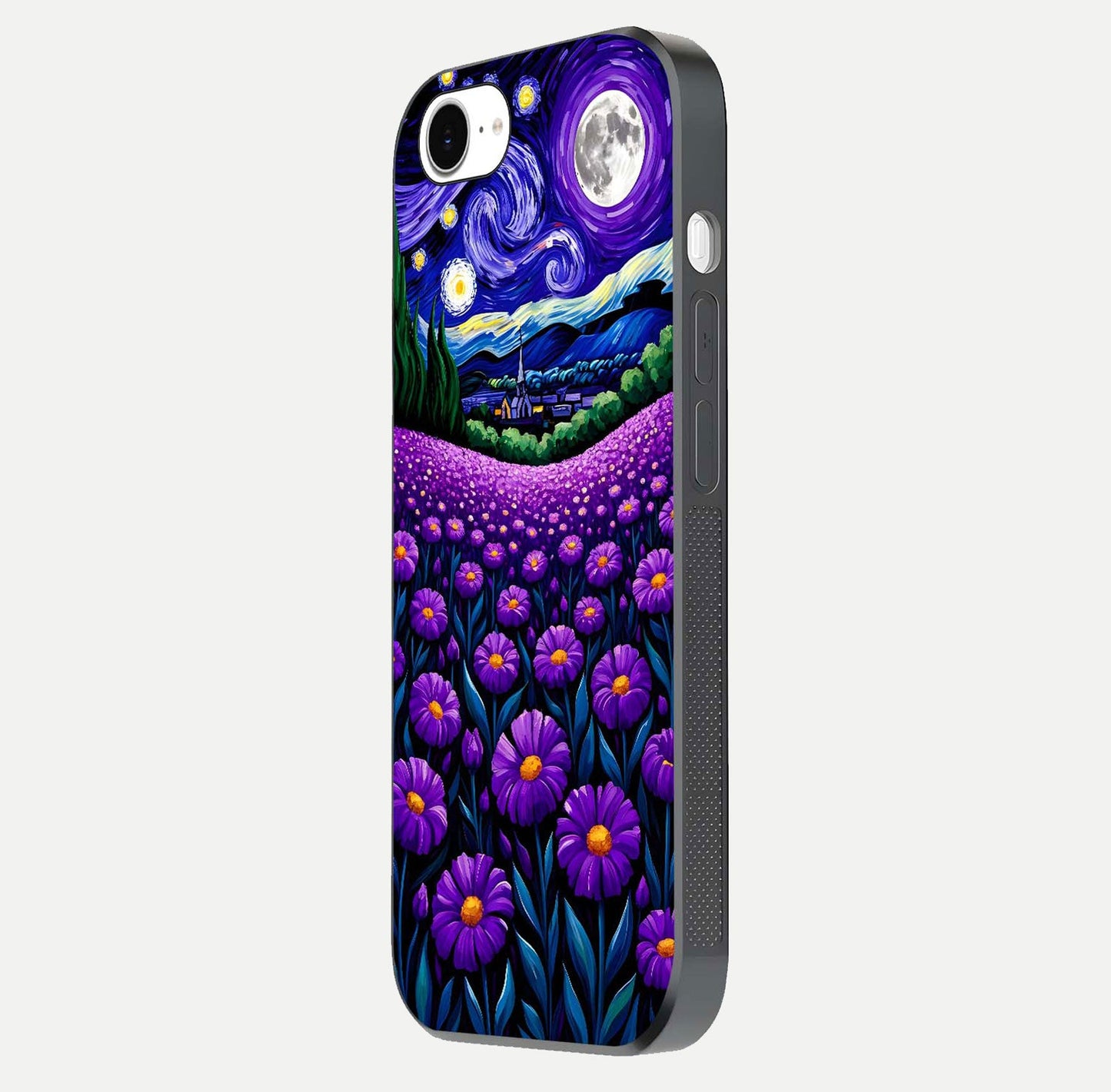Lavender Moon Field Glass Case for iPhone 16e side-angle image showing HD reflection and moonlit lavender art