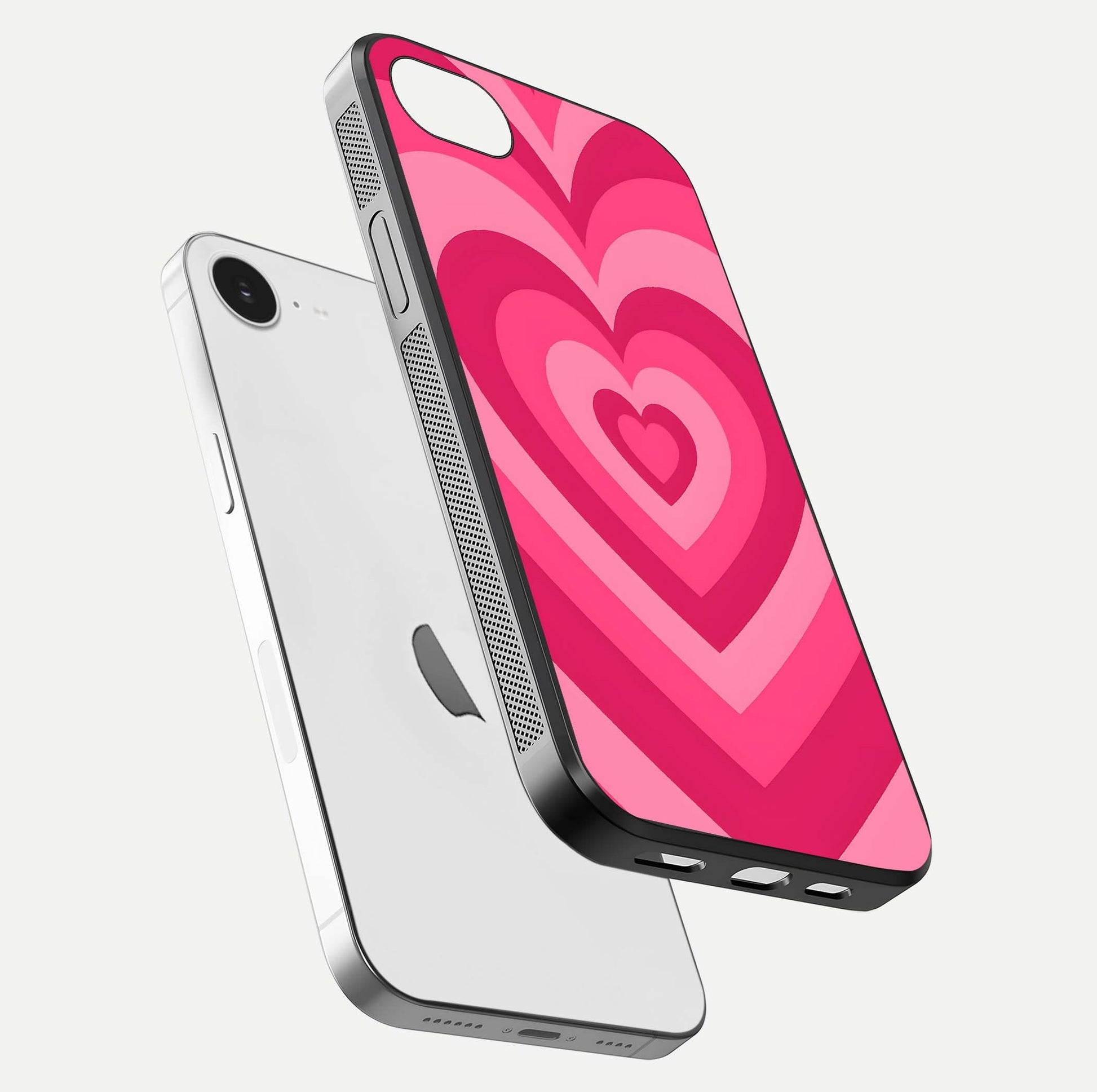 Layered Love Hearts iPhone 16e glass phone case floating view emphasizing glossy surface and layered heart details